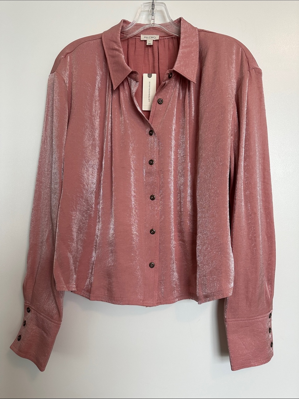 NWT Anthropologie Dusty Rose Satin Sparkly Button-Down Shirt (L)